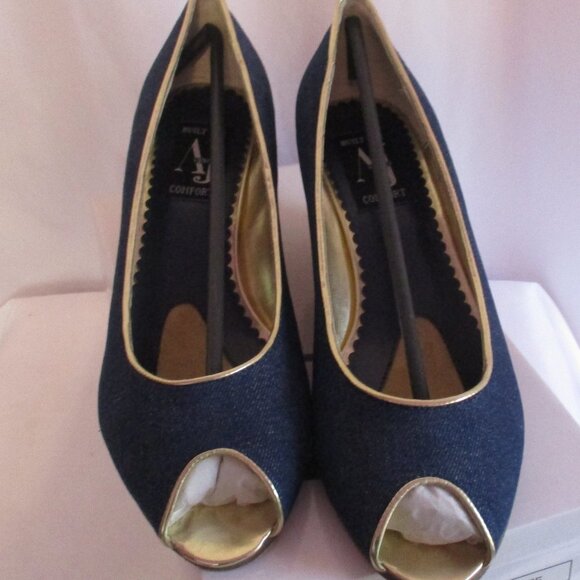 AJ Valenci Shoes Size 12 Denim Wedge Peep Toe Pumps Gold Trim Comfort - Picture 1 of 7